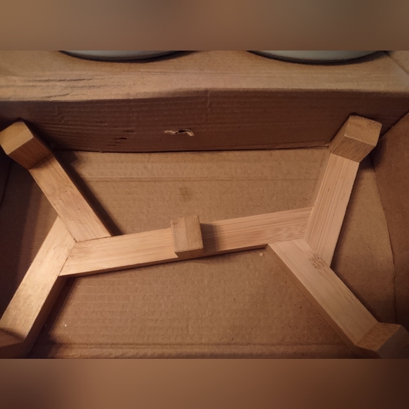 Never Used Gray Food & Water Bowls with Wooden Stand - Picture 2 of 3